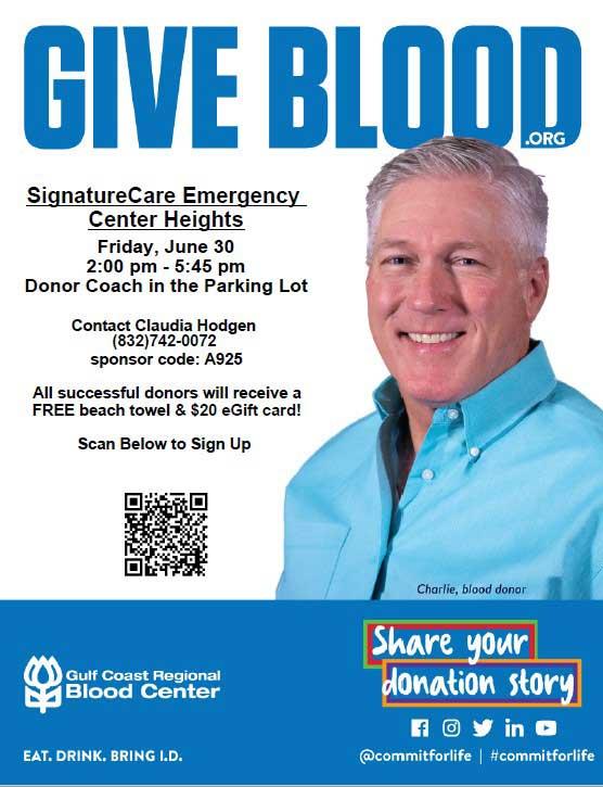 SignatureCare ER Houston Heights, Gulf Coast Regional Blood Center 2023 Blood Drive